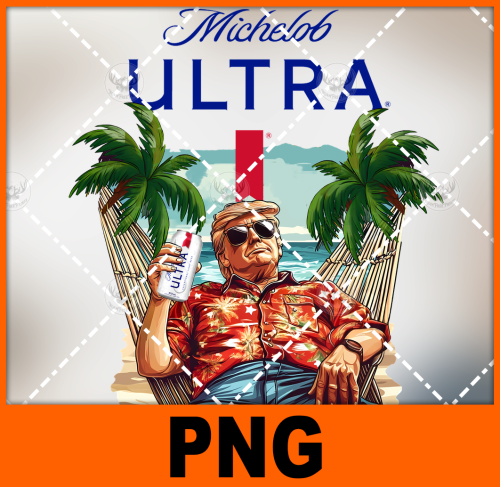 gulf-of-america-trump-on-beach-drinking-beer-michelob-ultra-png-digital-design-for-sublimation-and-dtf