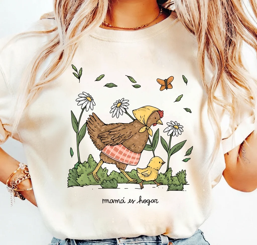 Mamá es hogar chicken mom with chick and daisies – Digital download PNG for print - Image 3