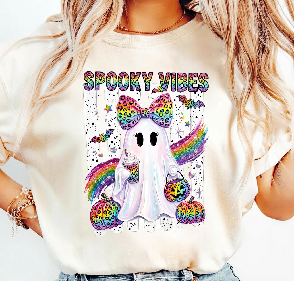 Spooky Vibes Ghost with Rainbow Leopard Print · Instant PNG printable file - Image 3