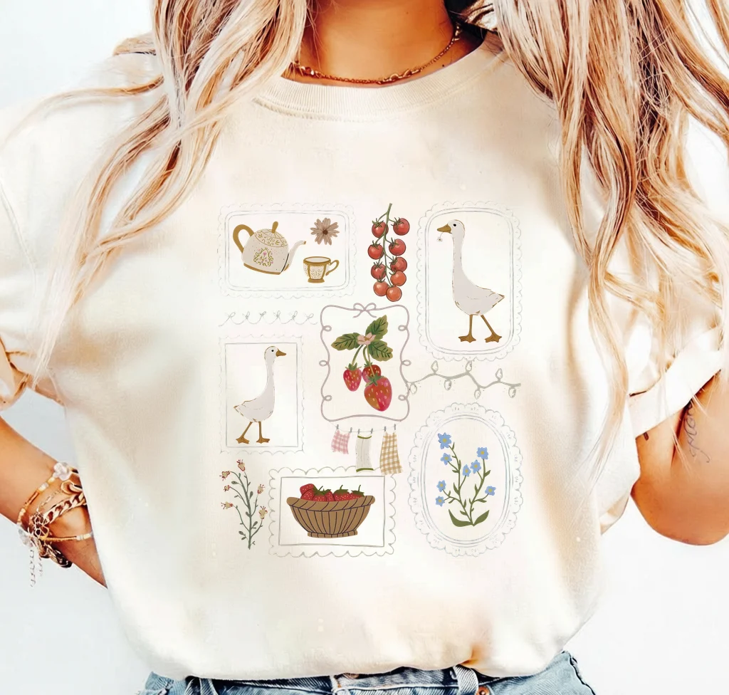 Vintage Farmhouse Decor with Geese, Strawberries, and Teapot | Print-ready PNG file - Image 3